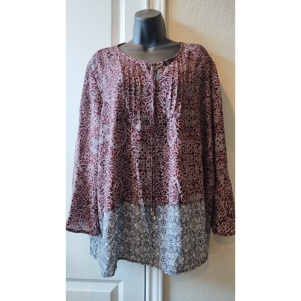 Cato Est 1946 Maroon, mauve blue black and ivory floral long sleeve blouse Sz XL